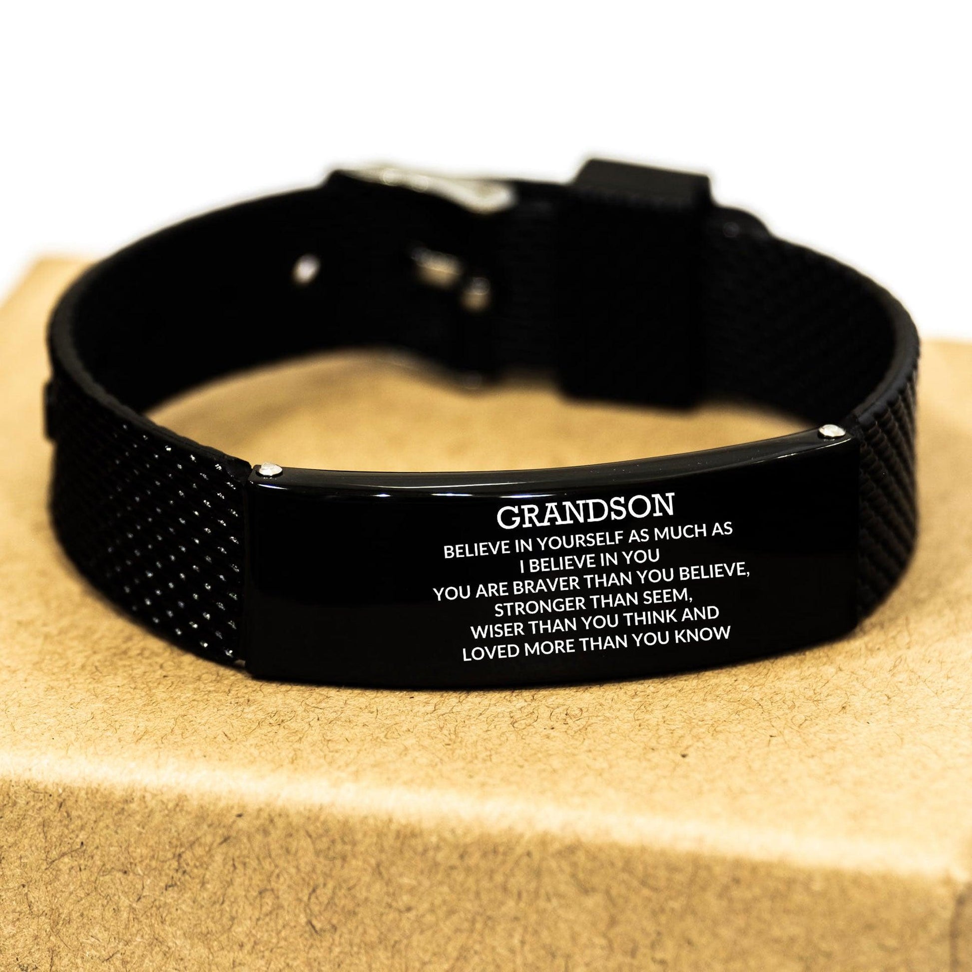 Grandson Engraved Black Shark Mesh Bracelet, Motivational Heartfelt Birthday, Christmas Holiday Gifts For Grandson, You are Braver than you Believe, Loved More than you Know - Mallard Moon Gift Shop