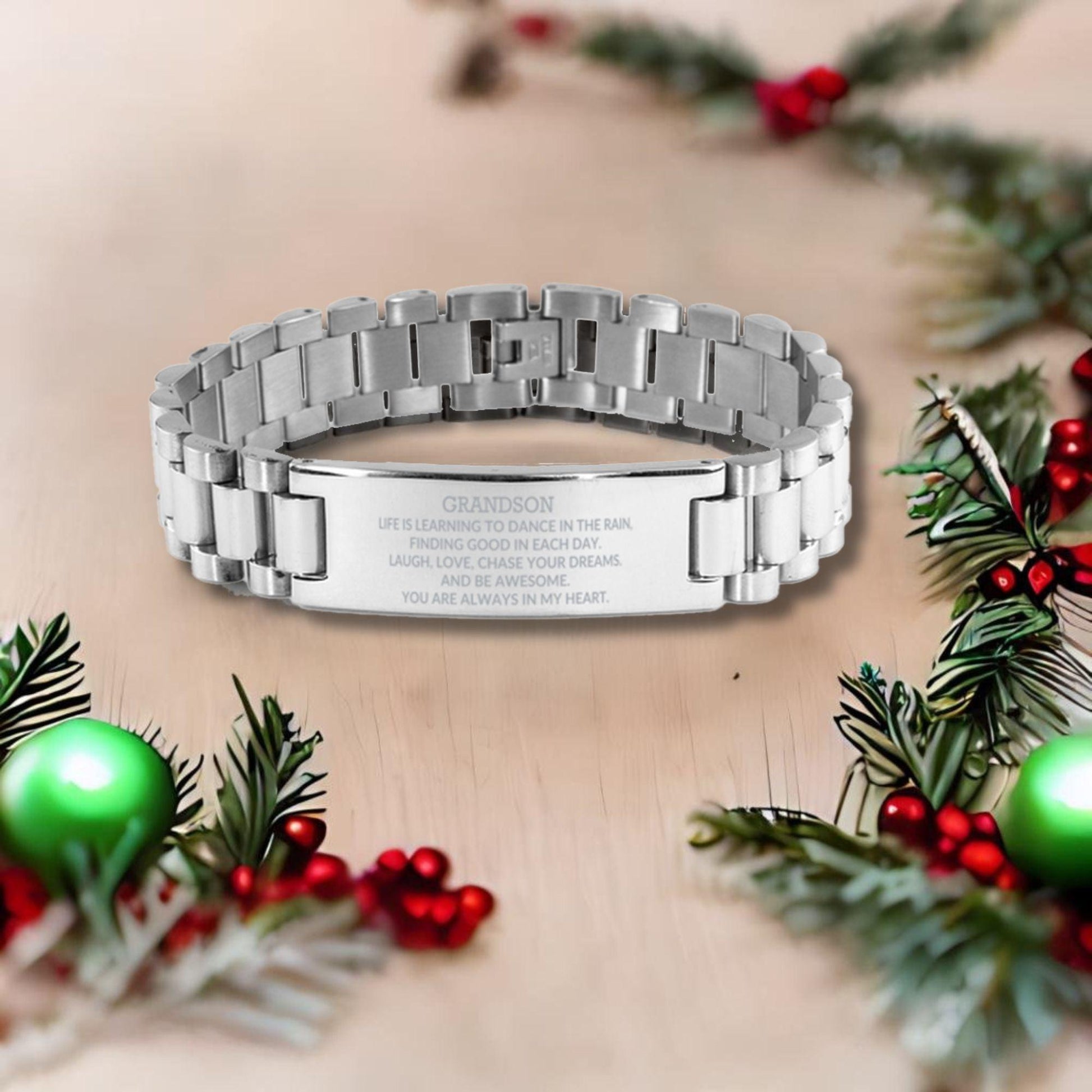 Grandson Engraved Ladder Stainless Steel Bracelet, Motivational Heartfelt Birthday, Christmas Holiday Gifts For Grandson, Life is Learning to Dance in the Rain, You are Always in My Heart - Mallard Moon Gift Shop