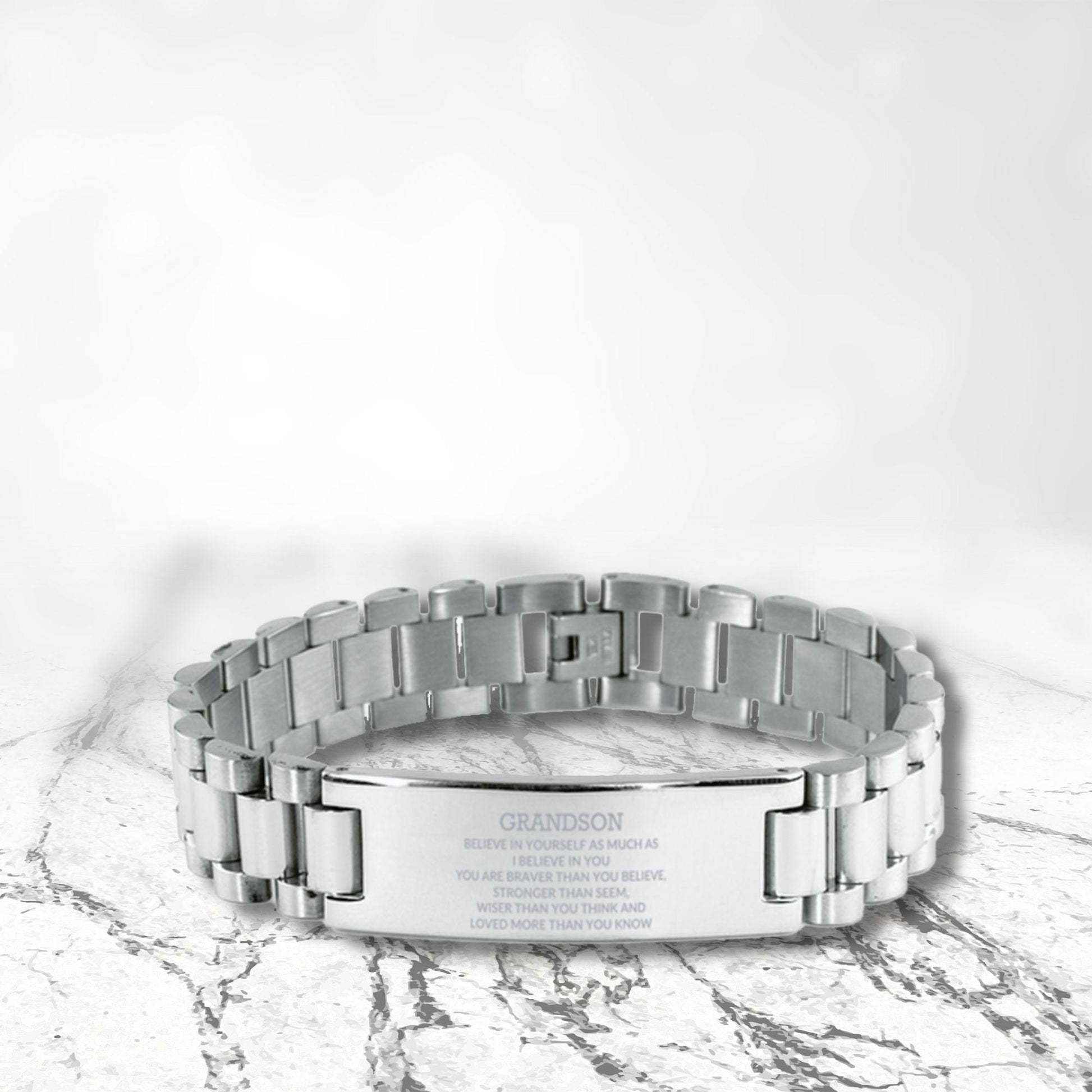 Grandson Engraved Ladder Stainless Steel Bracelet, Motivational Heartfelt Birthday, Christmas Holiday Gifts For Grandson, You are Braver than you Believe, Loved More than you Know - Mallard Moon Gift Shop