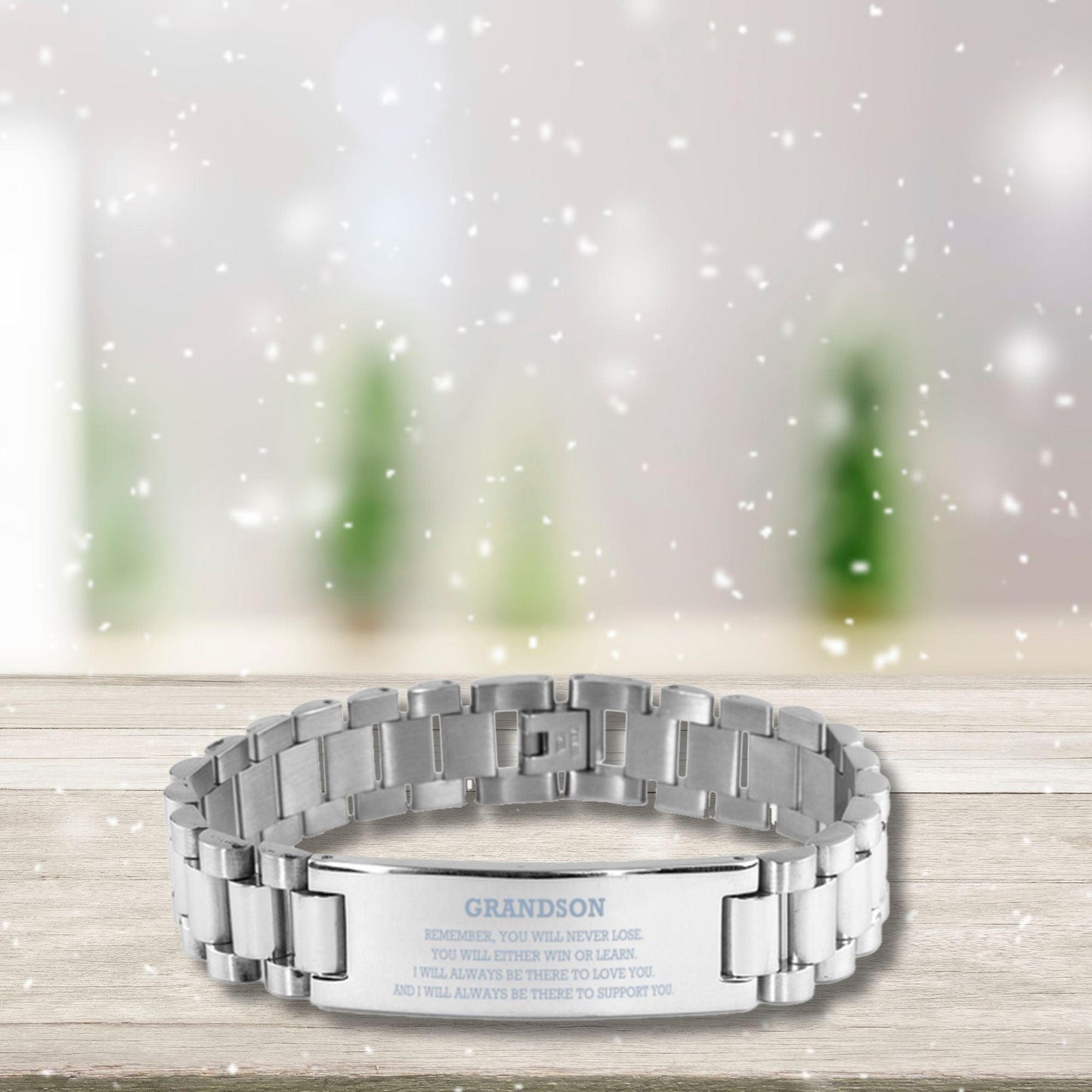 Grandson Engraved Ladder Stainless Steel Bracelet, Remember, You Will Never Lose, You Will Either Win or Learn, Engraved Bracelet for your Grandson, Birthday, Christmas Gifts Ideas - Mallard Moon Gift Shop