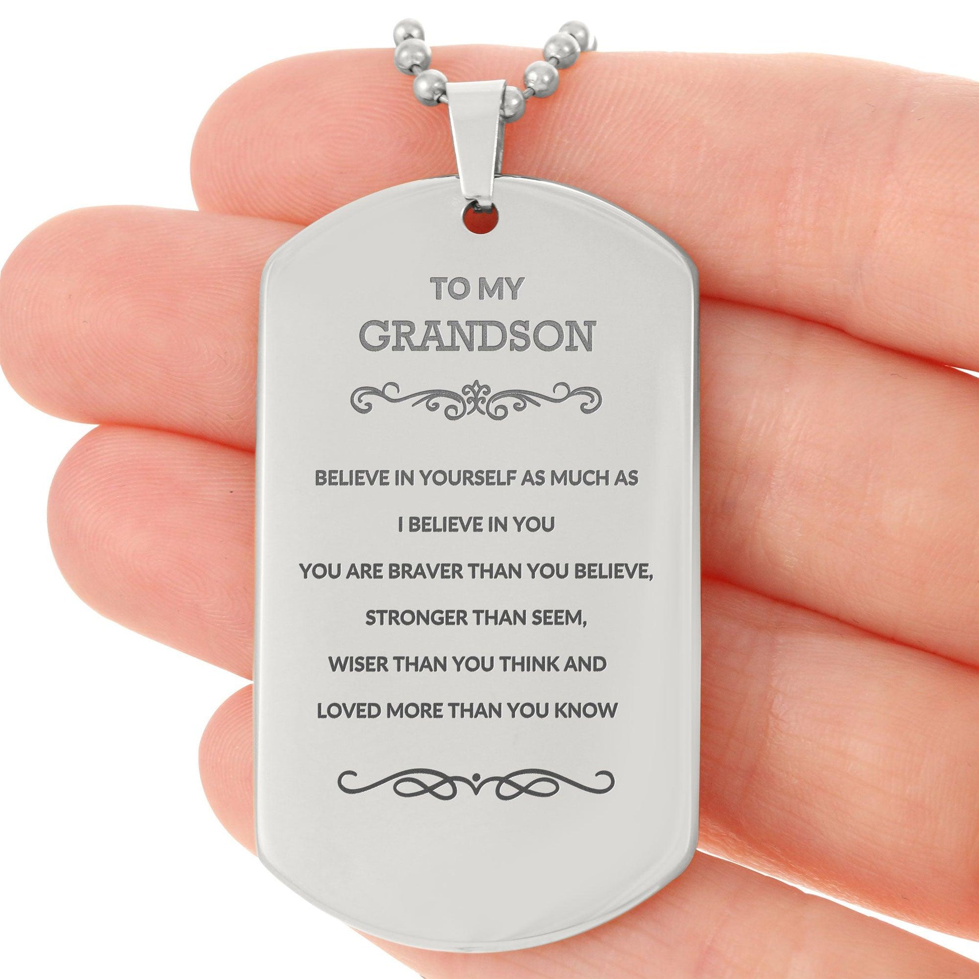 Grandson Engraved Silver Dog Tag Necklace, Motivational Heartfelt Birthday, Christmas Holiday Gifts For Grandson, You are Braver than you Believe, Loved More than you Know - Mallard Moon Gift Shop