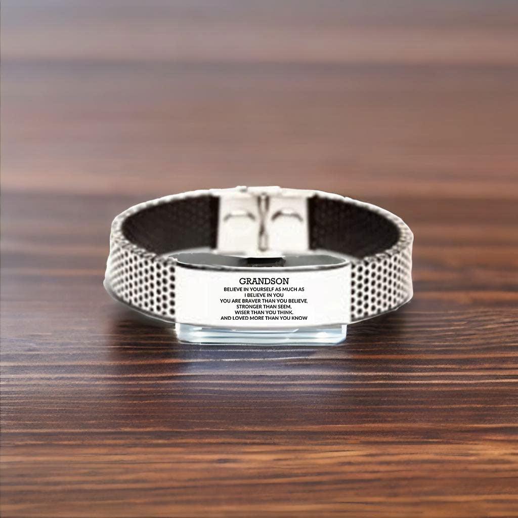 Grandson Engraved Stainless Steel Mesh Bracelet, Motivational Birthday, Christmas Holiday Gifts For Grandson, You are Braver than you Believe, Loved More than you Know - Mallard Moon Gift Shop