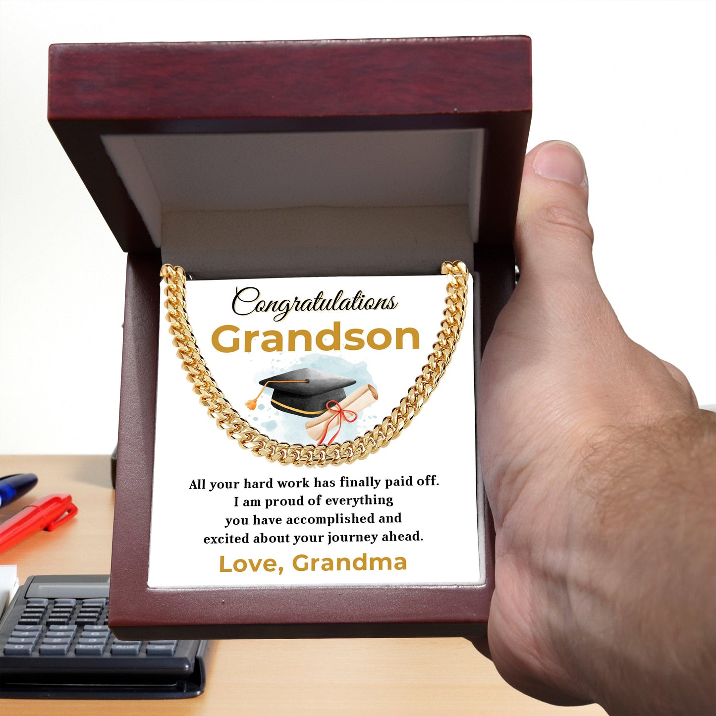 Grandson Graduation Gift - All Your Hard Work Has Paid Off - Personalized Cuban Chain Link Necklace with Message Card and Gift Box