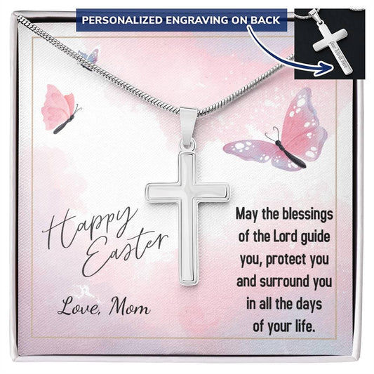 Happy Easter May the Blessings of the Lord Guide You Personalized Engraved Cross Necklace - Mallard Moon Gift Shop