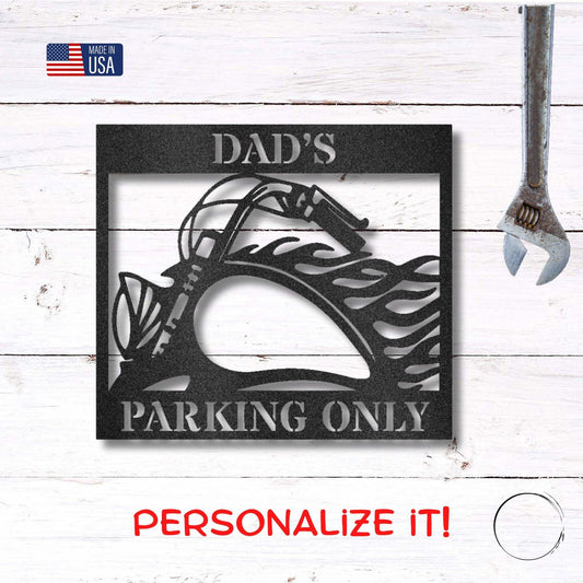 Hog Motorcycle Parking Personalized Name Indoor Outdoor Steel Sign Metal Art - Mallard Moon Gift Shop