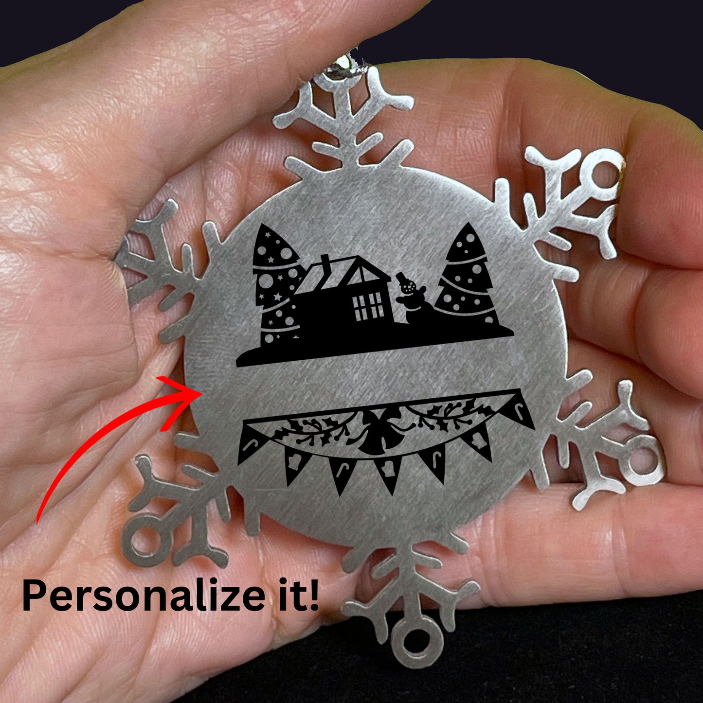 Personalized Family Name Laser Engraved Stainless Steel Snowflake Tree Ornament - Home for the Holidays