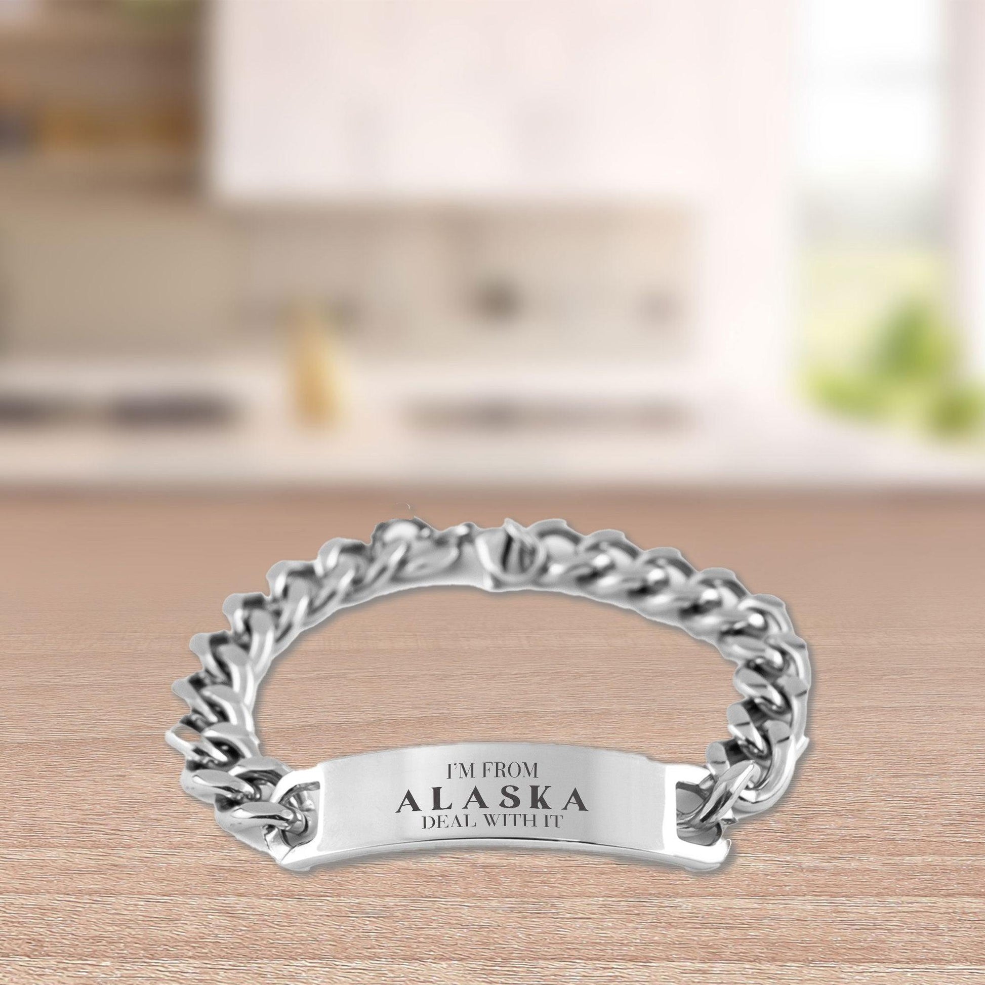 I'm from Alaska, Deal with it, Proud Alaska State Gifts, Alaska Cuban Chain Stainless Steel Bracelet Gift Idea, Christmas Gifts for Alaska People, Coworkers, Colleague - Mallard Moon Gift Shop