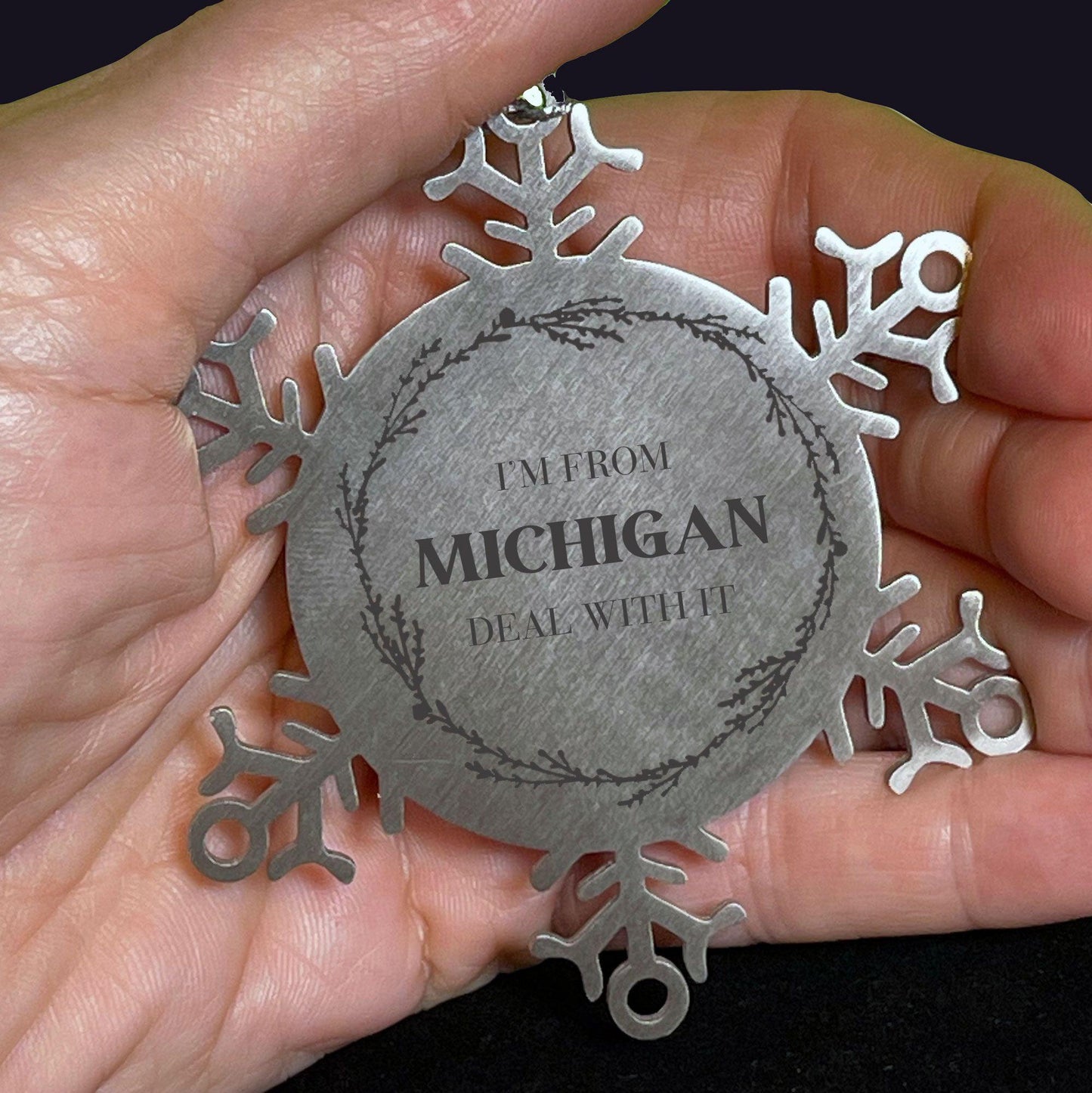 I'm from Michigan, Deal with it, Proud Michigan State Ornament Gifts, Michigan Snowflake Ornament Gift Idea, Christmas Gifts for Michigan People, Coworkers, Colleague - Mallard Moon Gift Shop