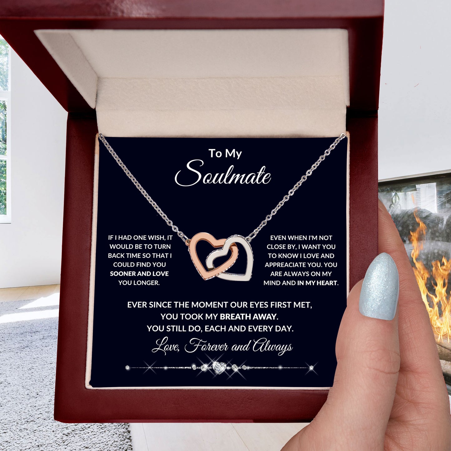 To My Soulmate You Took My Breath Away Interlocking Hearts Pendant Necklace