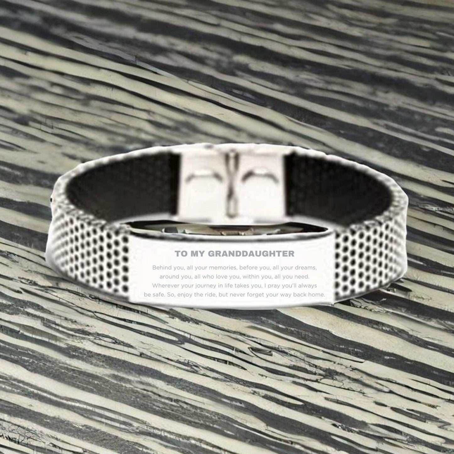 Inspirational Granddaughter Engraved Stainless Steel Shark Mesh Bracelet, Motivational Birthday, Christmas Holiday Gifts - Mallard Moon Gift Shop