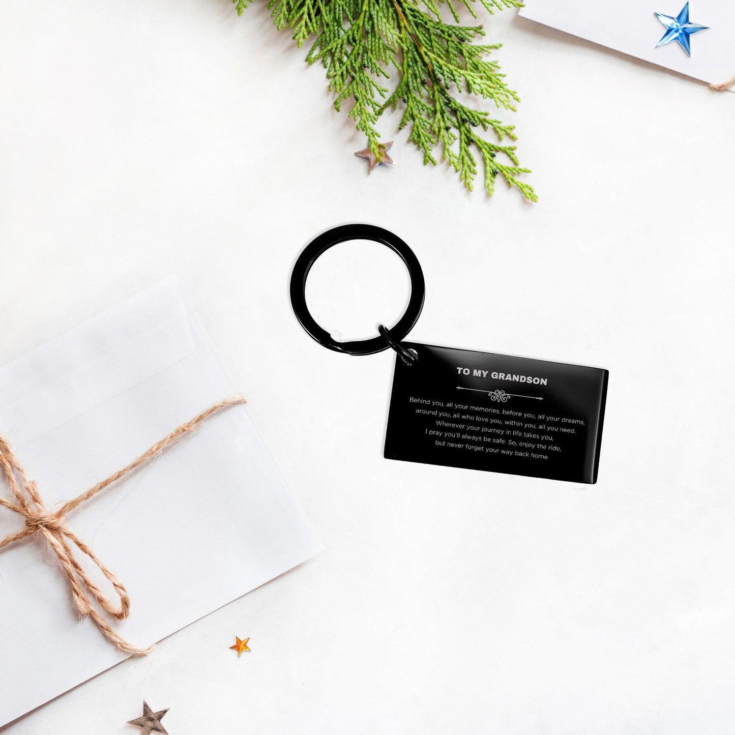 Inspirational Grandson Black Engraved Keychain - Behind you, all your Memories, Before you, all your Dreams - Birthday, Christmas Holiday Gifts - Mallard Moon Gift Shop
