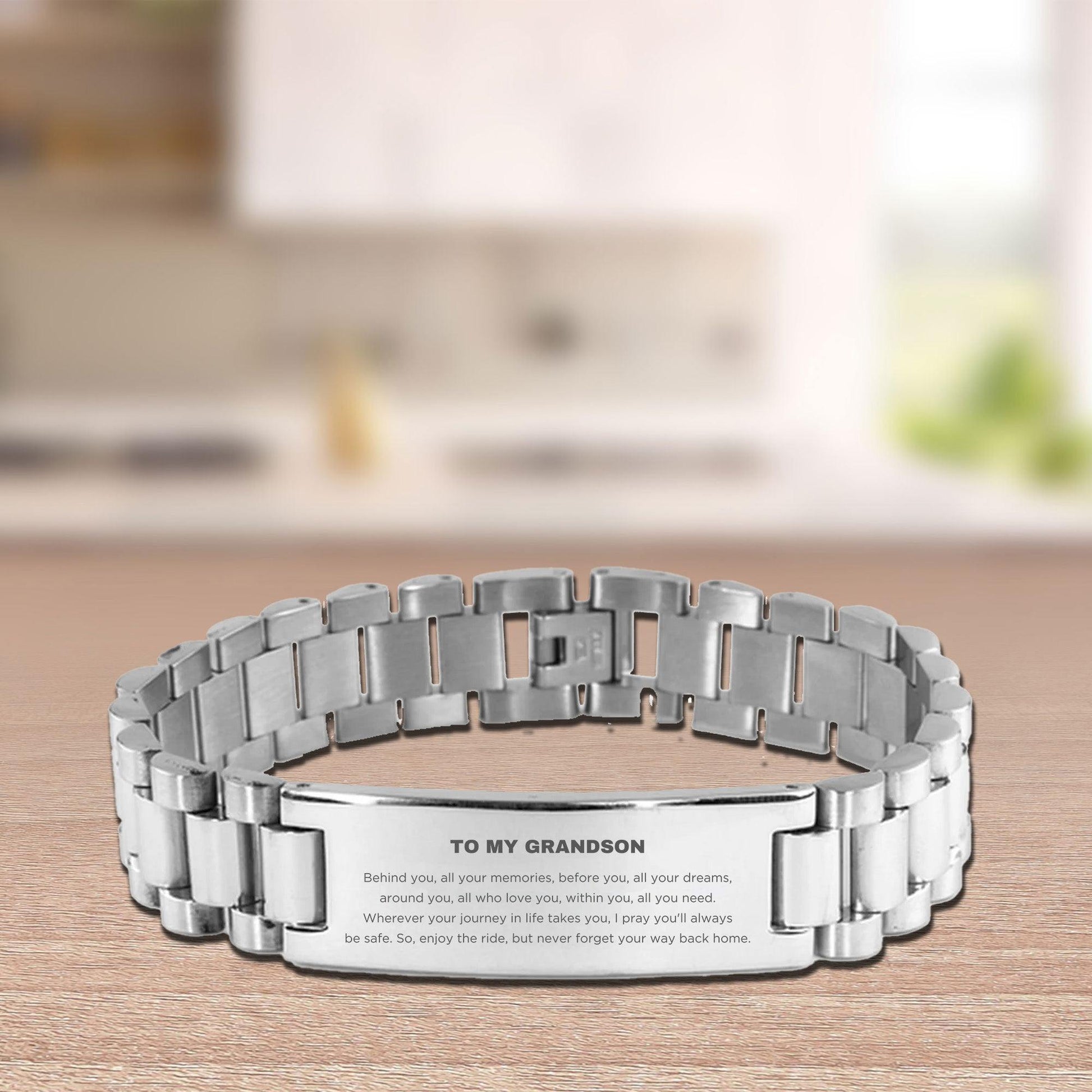 Inspirational Grandson Engraved Ladder Stainless Steel Bracelet - Behind you, all your Memories, Before you, all your Dreams - Birthday, Christmas Holiday Gifts - Mallard Moon Gift Shop