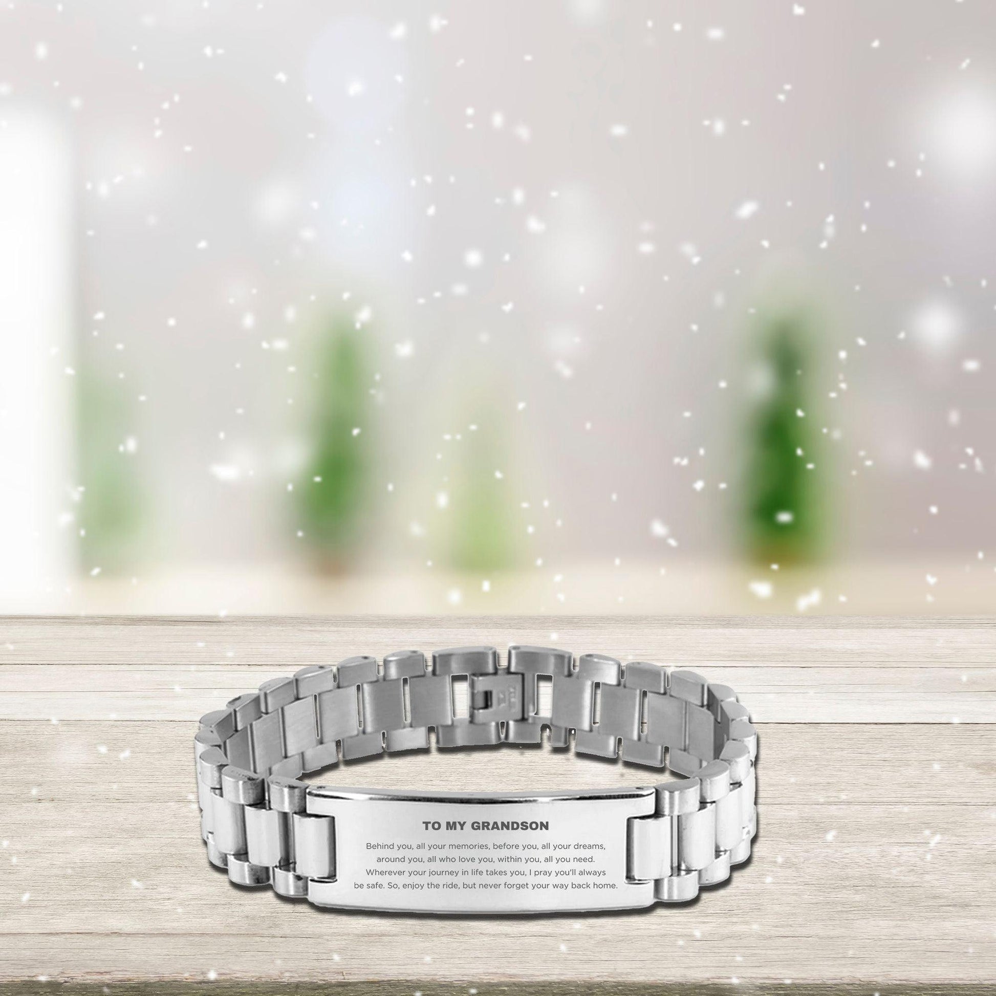 Inspirational Grandson Engraved Ladder Stainless Steel Bracelet - Behind you, all your Memories, Before you, all your Dreams - Birthday, Christmas Holiday Gifts - Mallard Moon Gift Shop