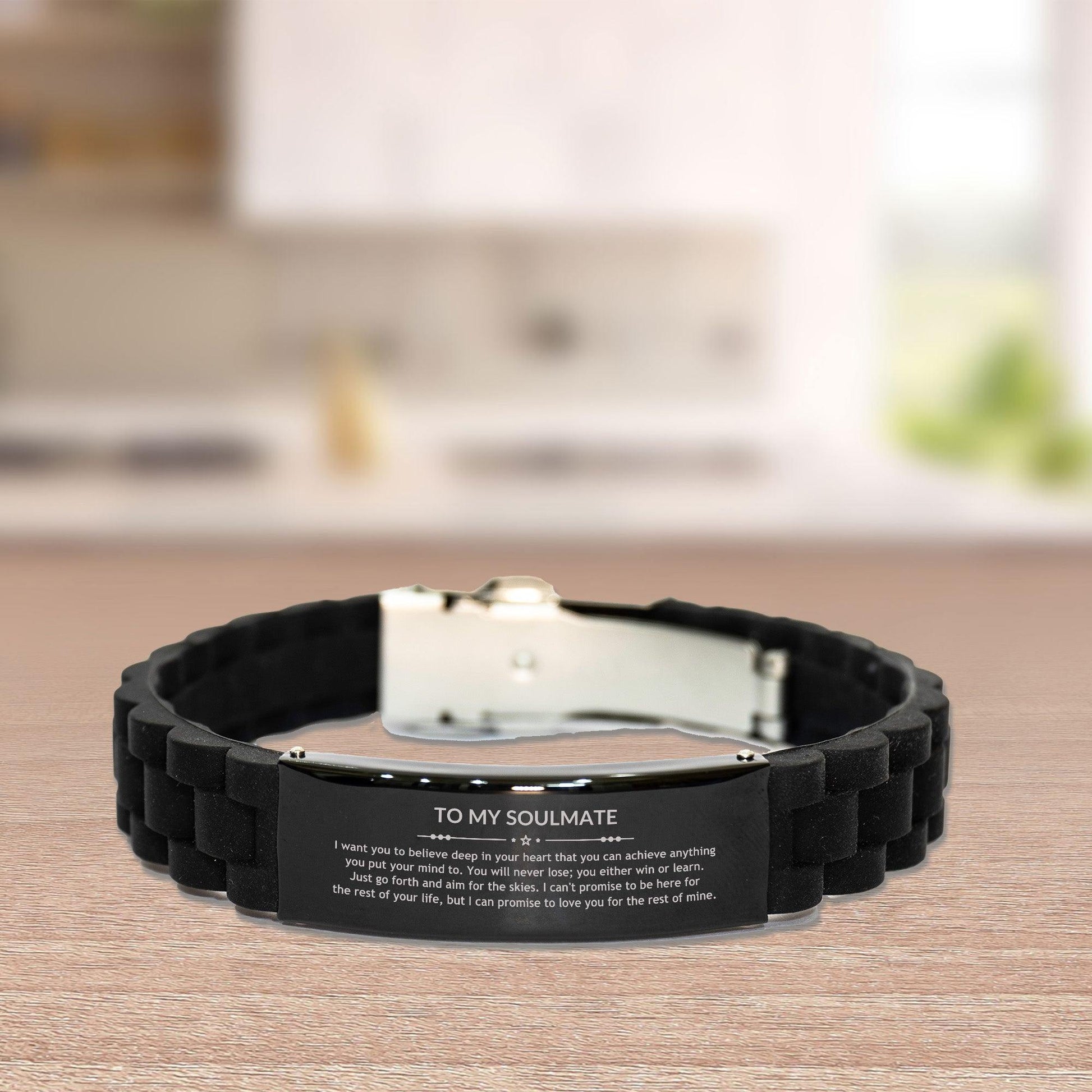 Inspirational Soulmate Engraved Black Glidelock Clasp Bracelet - Behind you, all your Memories, Before you, all your Dreams - Birthday, Christmas Holiday Gifts - Mallard Moon Gift Shop