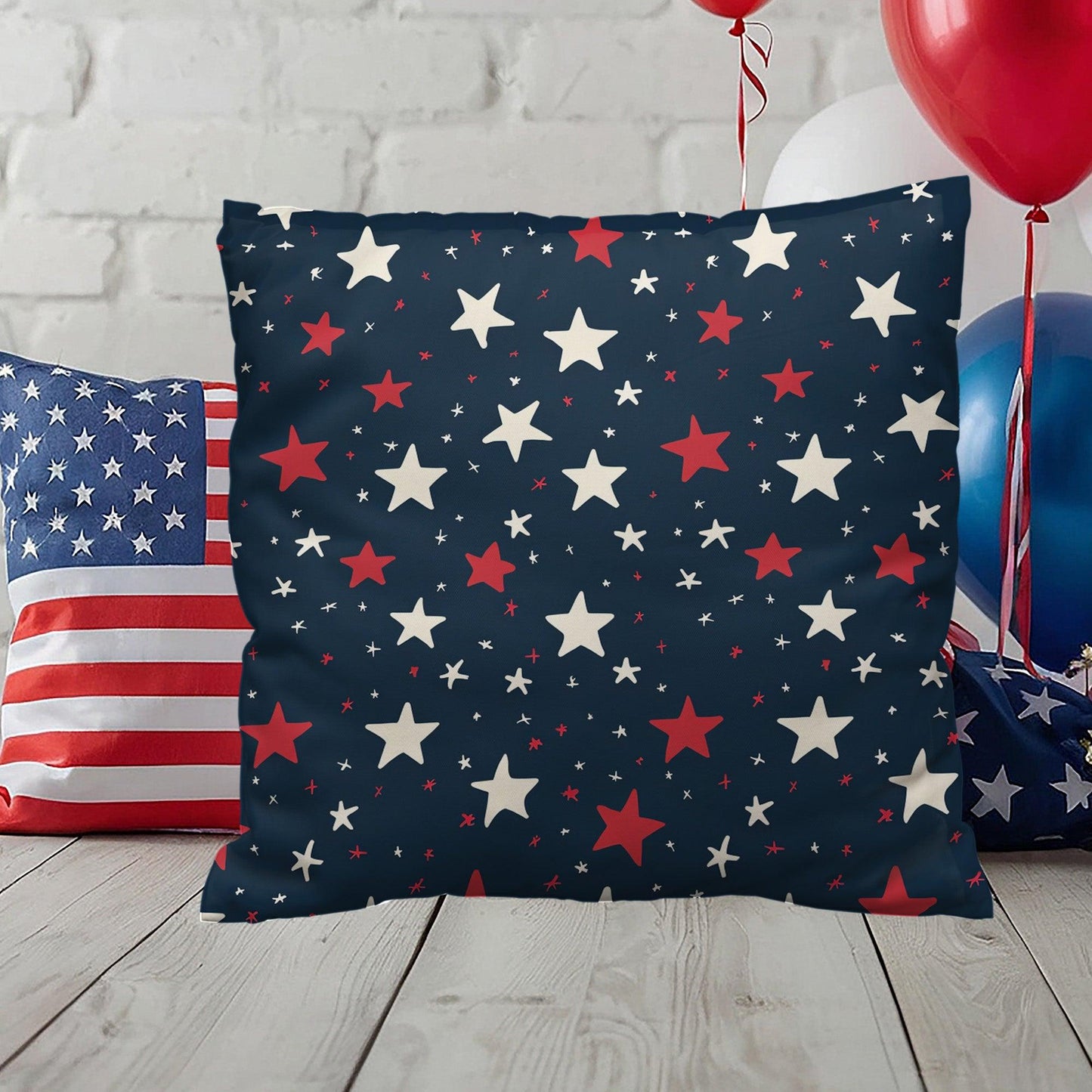 Red and White Stars on Navy Blue Patriotic Indoor-Outdoor Pillow