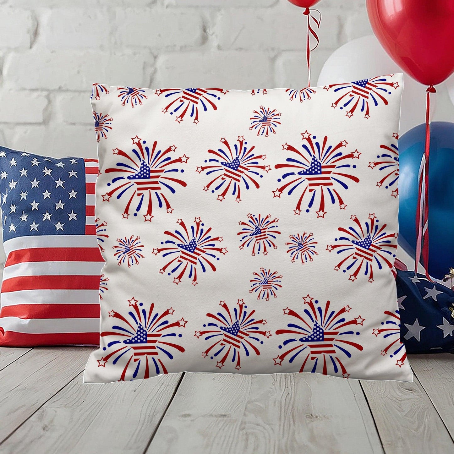 Star Red White and Blue Fireworks 4th of July Patriotic Indoor-Outdoor Pillow