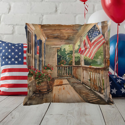 Patriotic Country Porch Scene Indoor-Outdoor Polyester Printed Pillow