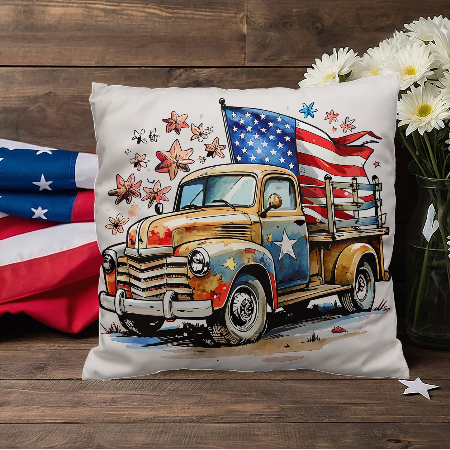 Patriotic Vintage Truck Fourth of July Home Decor Indoor-Outdoor Pillow