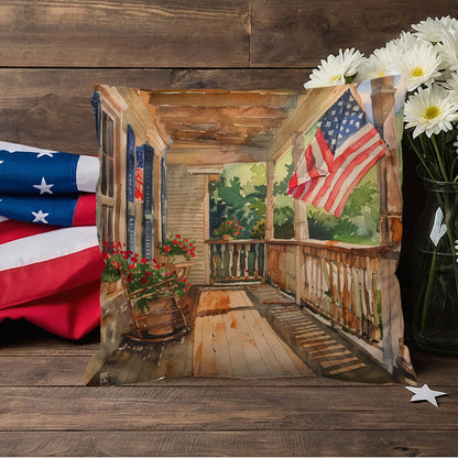 Patriotic Country Porch Scene Indoor-Outdoor Polyester Printed Pillow