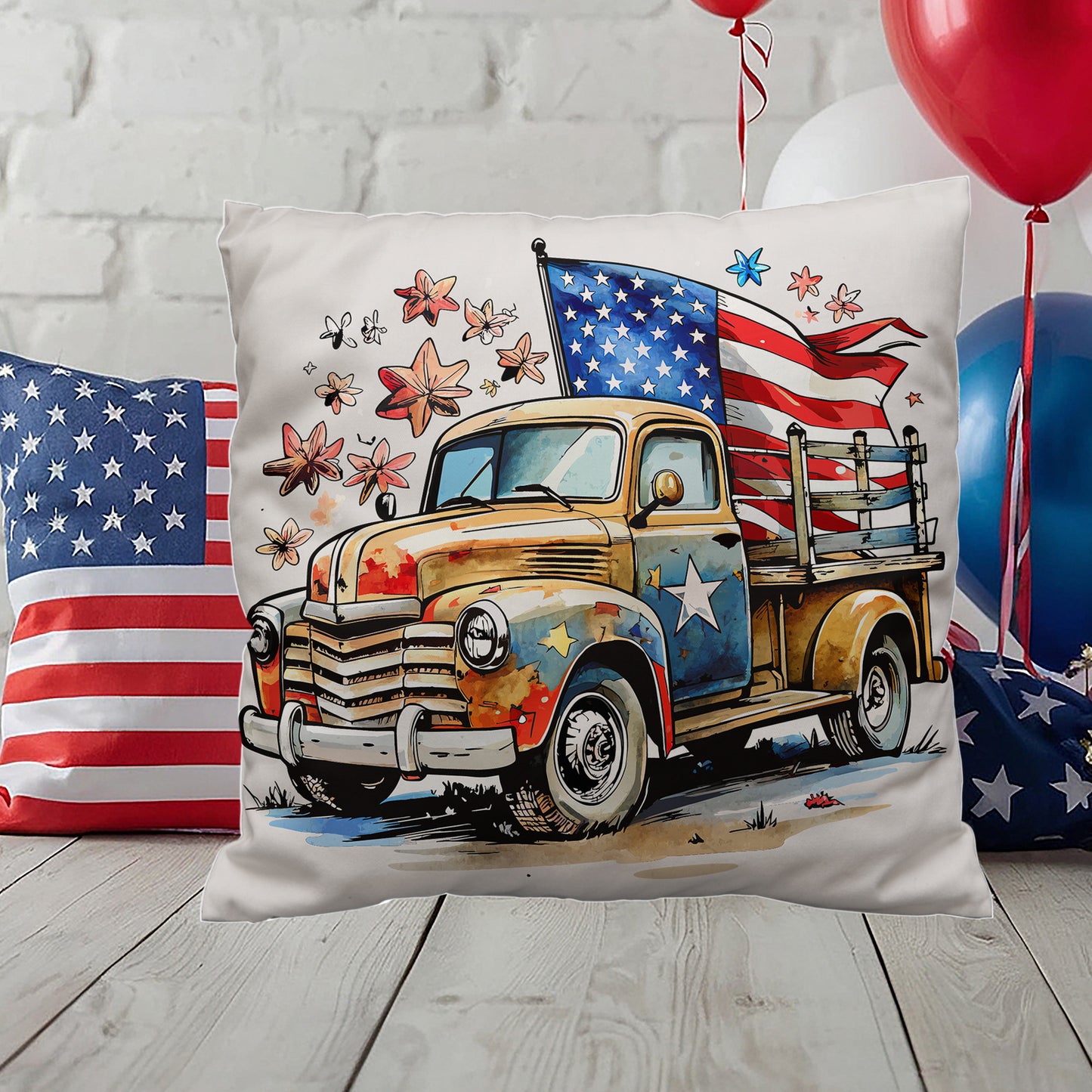 Patriotic Vintage Truck Fourth of July Home Decor Indoor-Outdoor Pillow