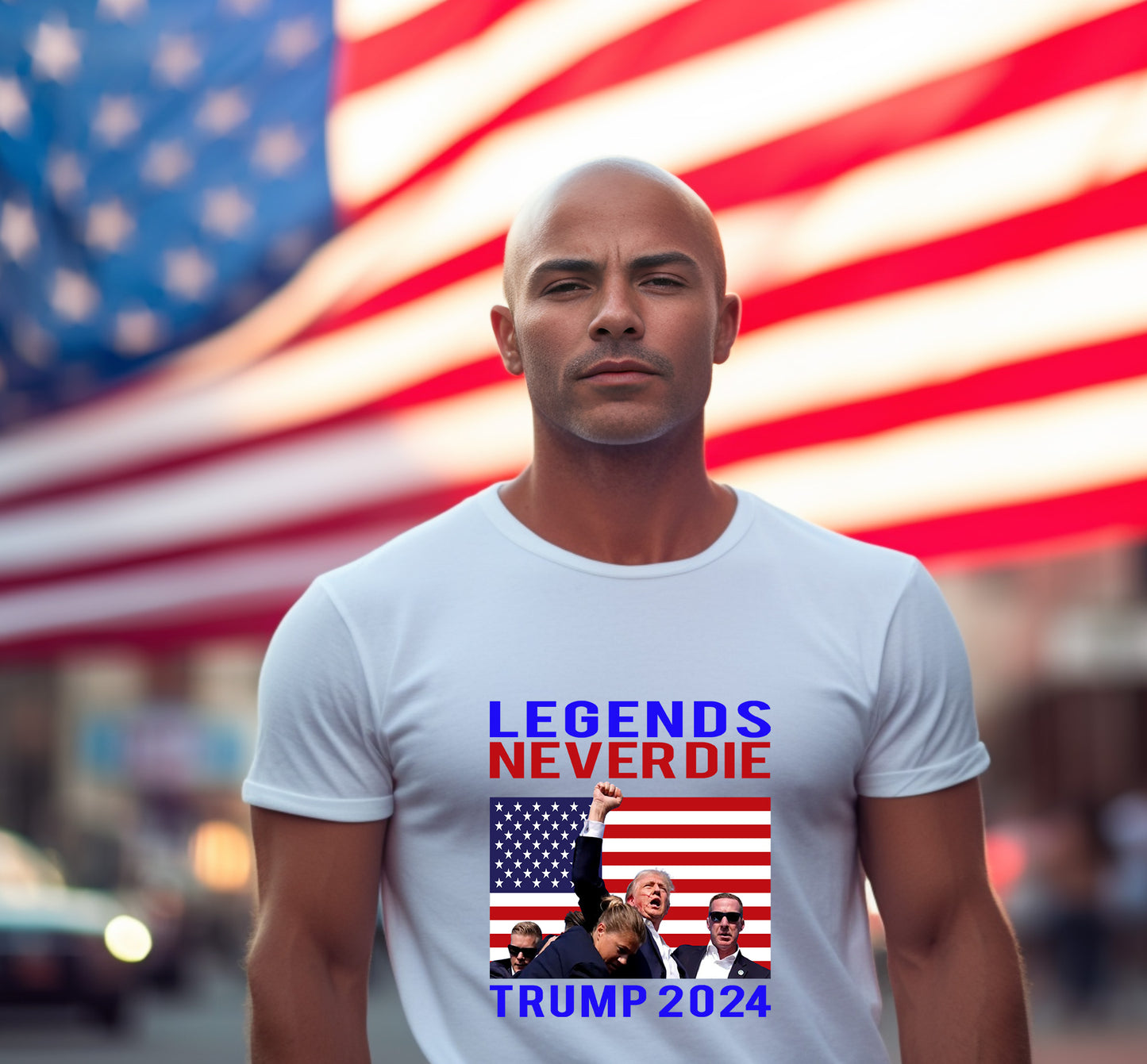 Patriotic MAGA Tee Shirt Legends Never Die Trump 2024 Butler Rally