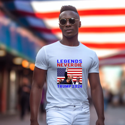 Patriotic MAGA Tee Shirt Legends Never Die Trump 2024 Butler Rally