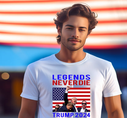 Patriotic MAGA Tee Shirt Legends Never Die Trump 2024 Butler Rally