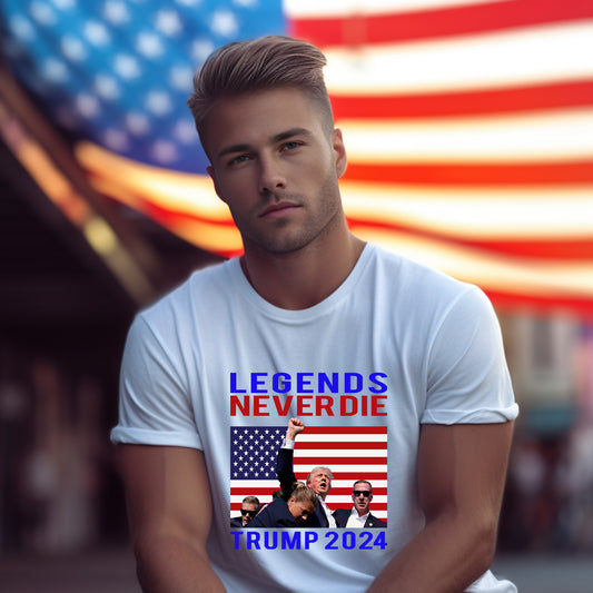 Patriotic MAGA Tee Shirt Legends Never Die Trump 2024 Butler Rally