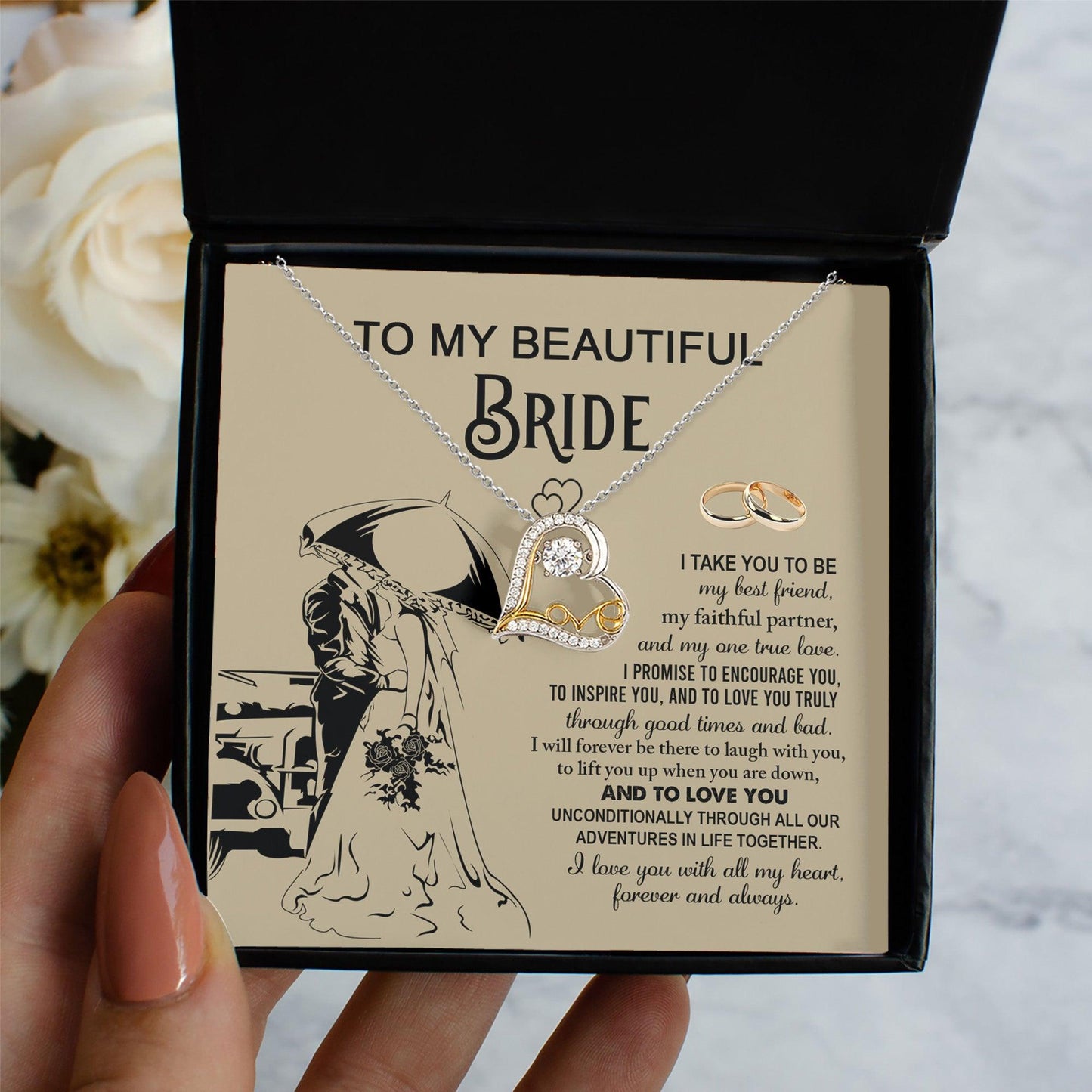 To My Beautiful Bride - My Best Friend, Faithful Partner Love Dancing Heart Pendant Necklace Wedding Day Gift