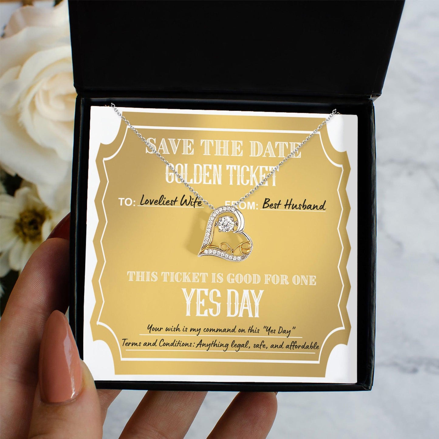 Wife Wedding Day Gift - Golden Ticket - Love Dancing Heart Pendant Necklace