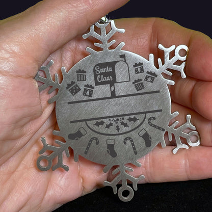 Personalized Family Name Laser Engraved Stainless Steel Snowflake Tree Ornament Santa's Mail