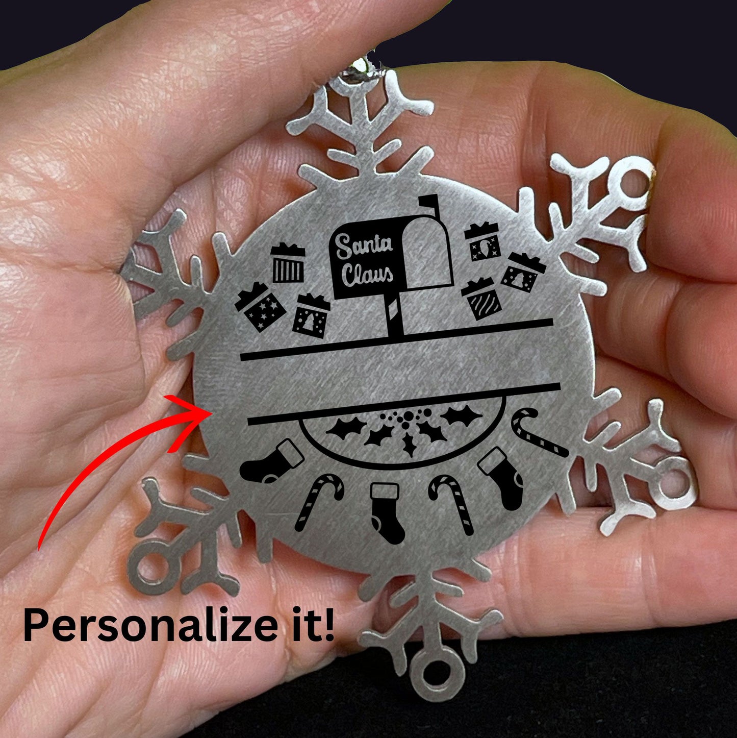 Personalized Family Name Laser Engraved Stainless Steel Snowflake Tree Ornament Santa's Mail