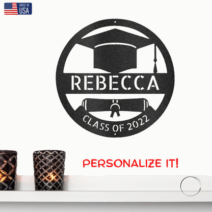 Graduation Cap and Diploma Custom Name Metal Art Wall Sign