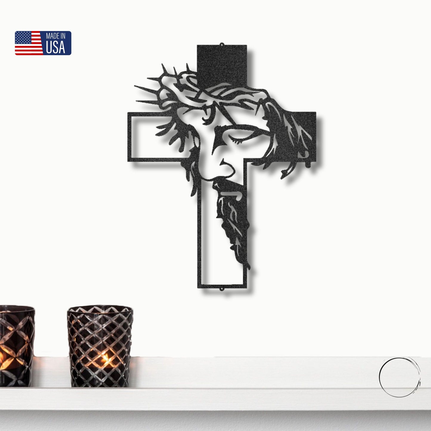 Jesus Christ with Crown of Thorns on Cross Metal Wall Art