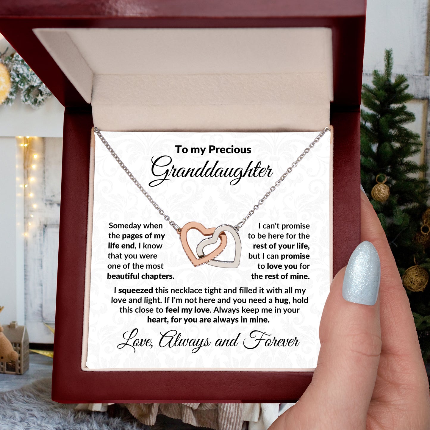 To My Precious Granddaughter Interlocking Heart Necklace with Message Card and Gift Box