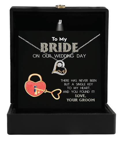 To My Bride on Our Wedding Day - You Have the Single Key to My Heart Love Dancing Heart Pendant Necklace