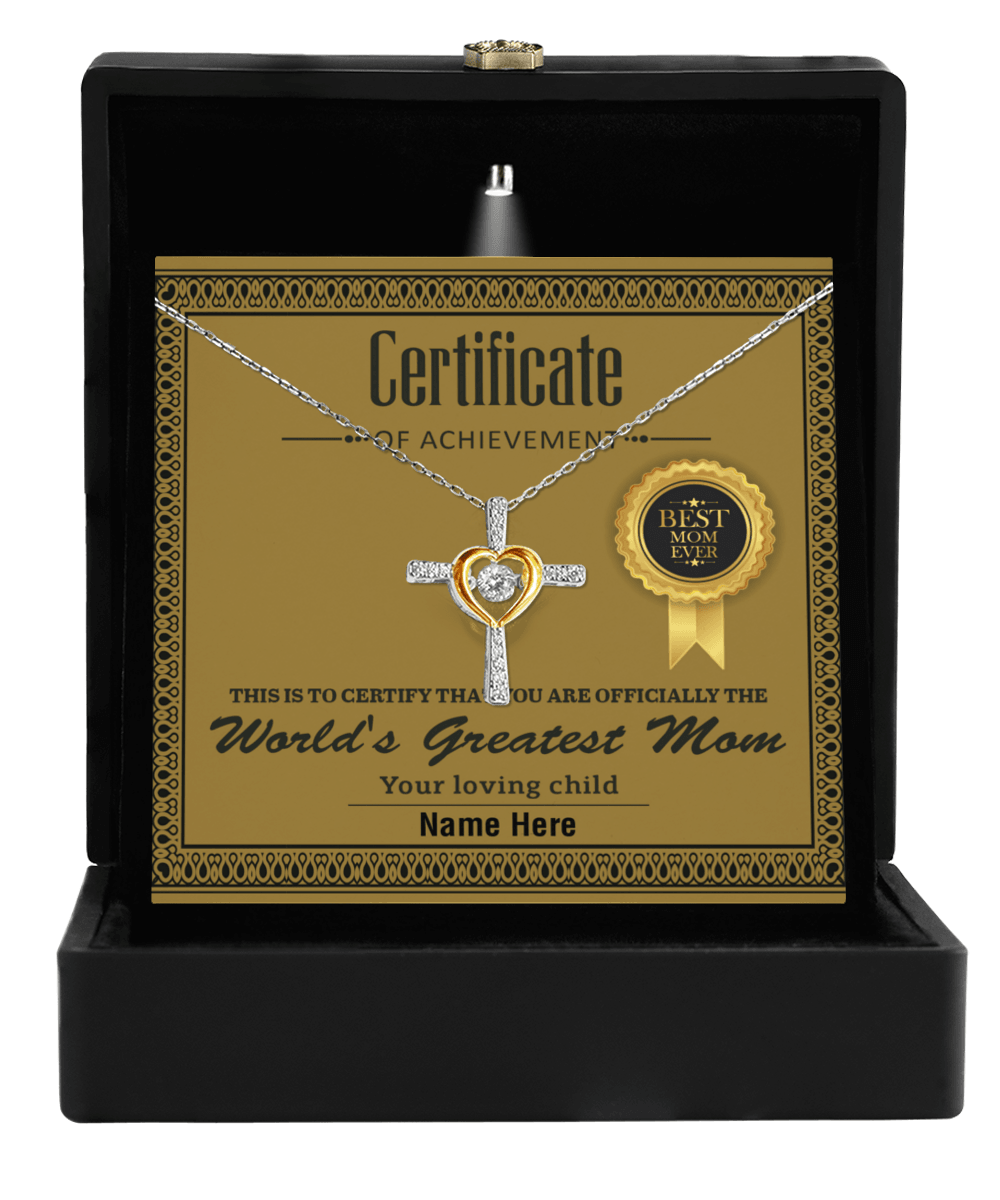 World's Greatest Mom Personalized Certificate of Achievement Cross Pendant Necklace