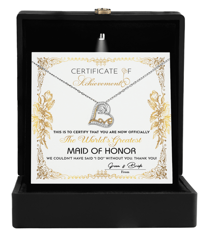 Maid Of Honor Wedding Day Gift - Certificate Of Achievement - Love Dancing Heart Pendant Necklace