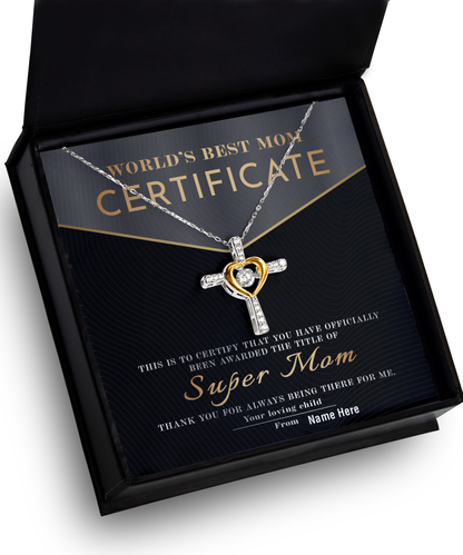 Certificate of World's Best Super Mom Cross Pendant Necklace