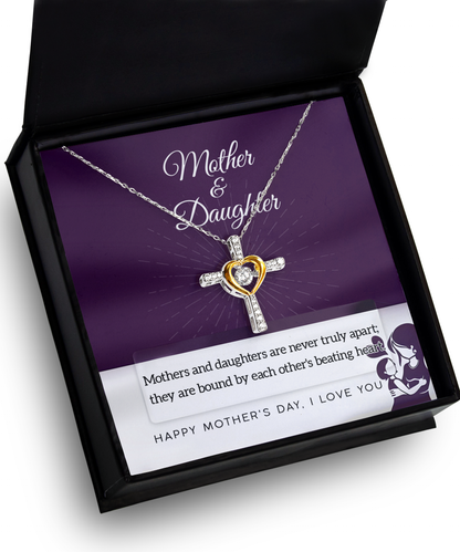 Mother Jewelry Gift - Mother and Daughter Bound by Heart Cross Pendant Necklace