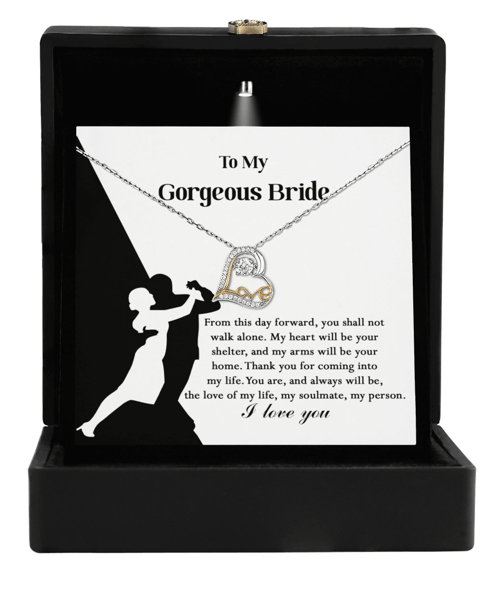 To My Gorgeous Bride on Our Wedding Day, You are the Love of My Life Love Dancing Heart Pendant Necklace