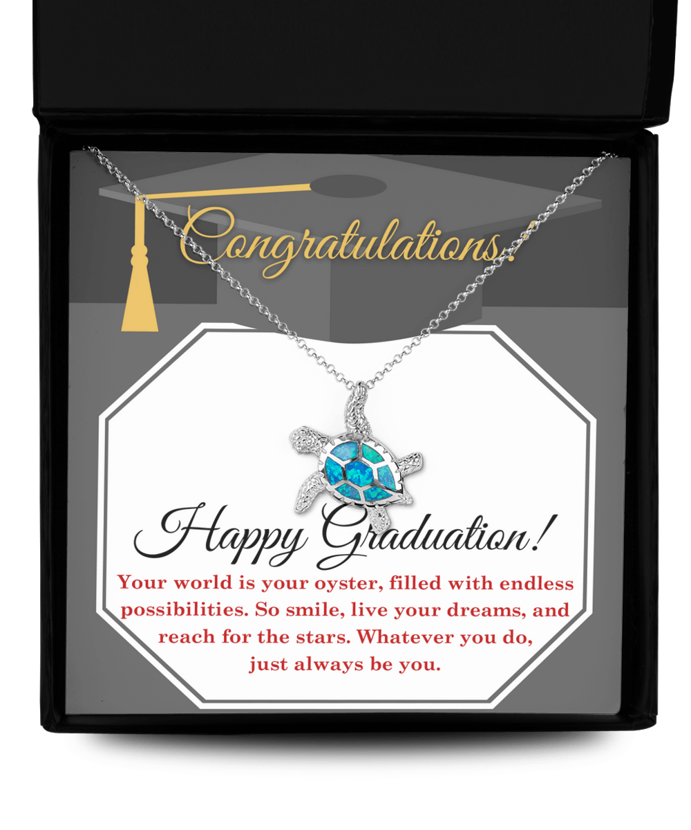 Graduation Gift The World is your Oyster Always Be You Opal Sea Turtle Pendant Necklace