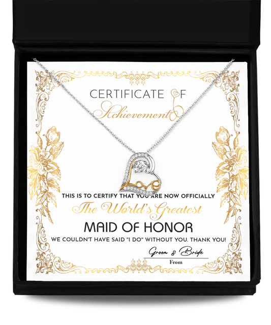 Maid Of Honor Wedding Day Gift - Certificate Of Achievement - Love Dancing Heart Pendant Necklace