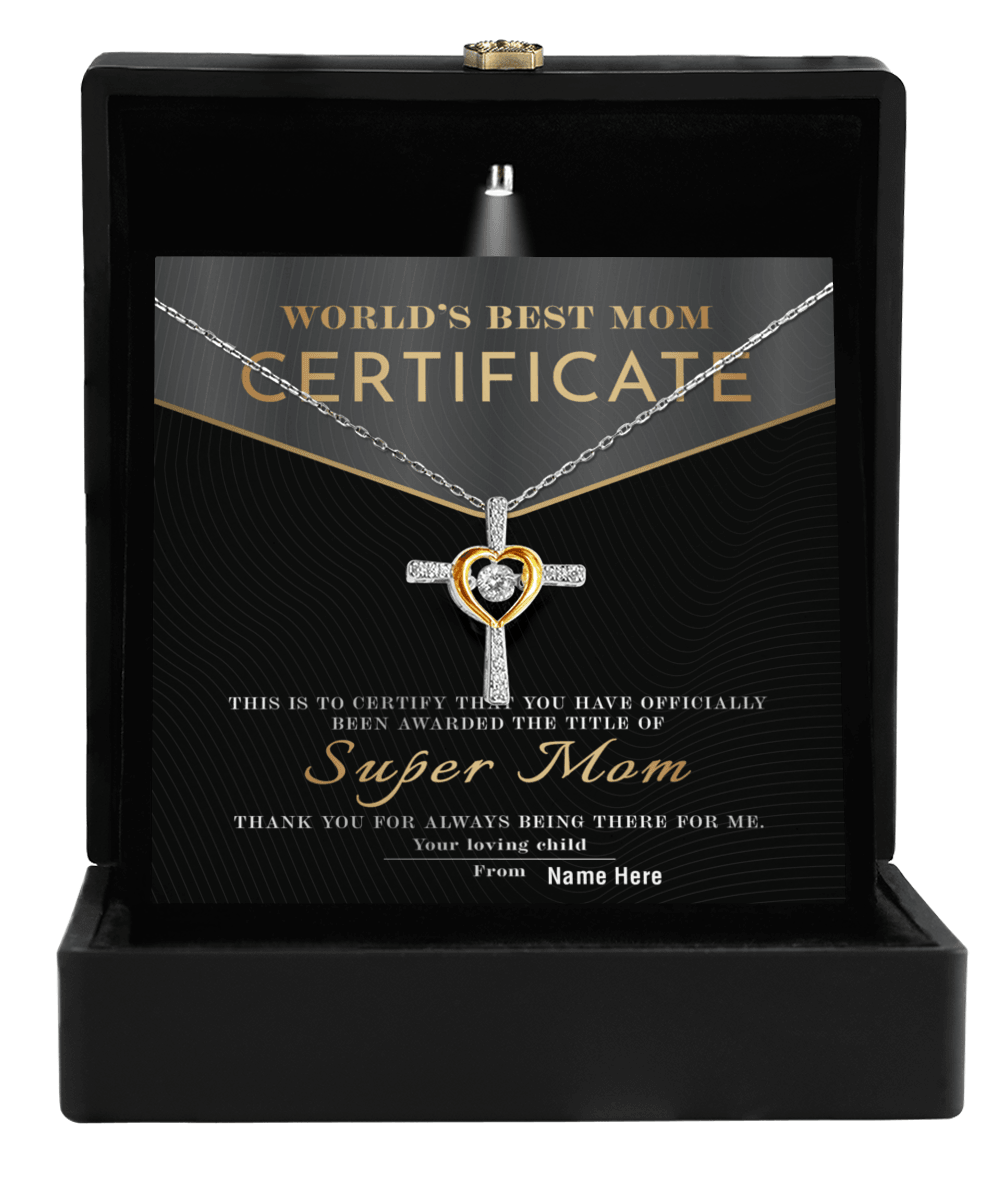 Certificate of World's Best Super Mom Cross Pendant Necklace