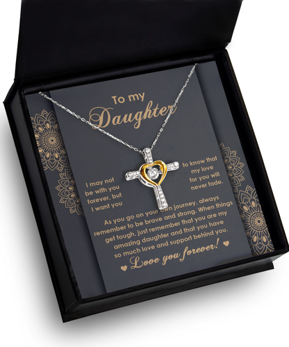 Daughter Gift for Birthday, Christmas, Graduation Inspirational Brave and Strong Cross Pendant Necklace