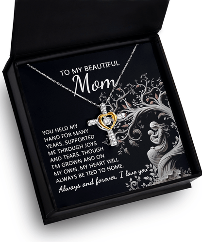 To My Beautiful Mom My Heart Will Always Be Tied to Home Cross Pendant Necklace