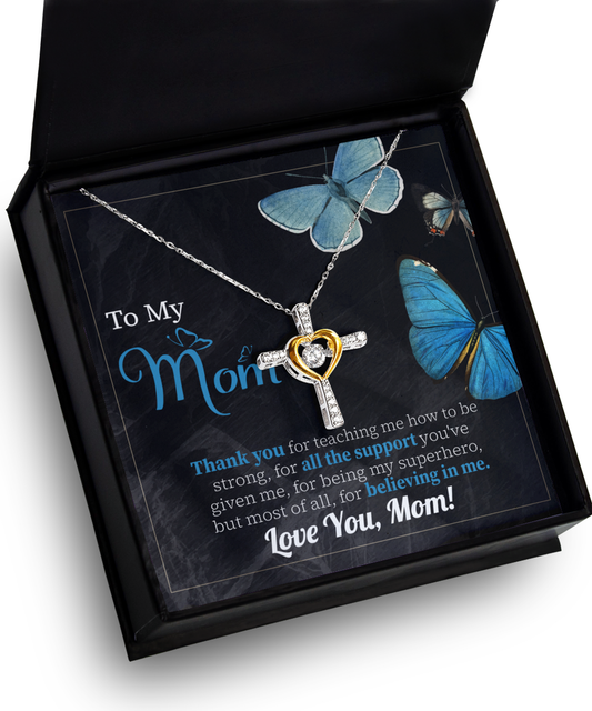 To My Mom Thank you for Believing In Me Cross Pendant Necklace Gift for Mother's Day Birthday
