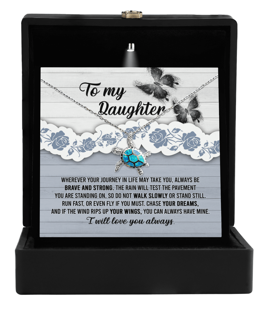 Daughter Wedding Day, Graduation, Birthday Gift - Chase Your Dreams Always Have My Wings - Opal Sea Turtle Pendant Necklace