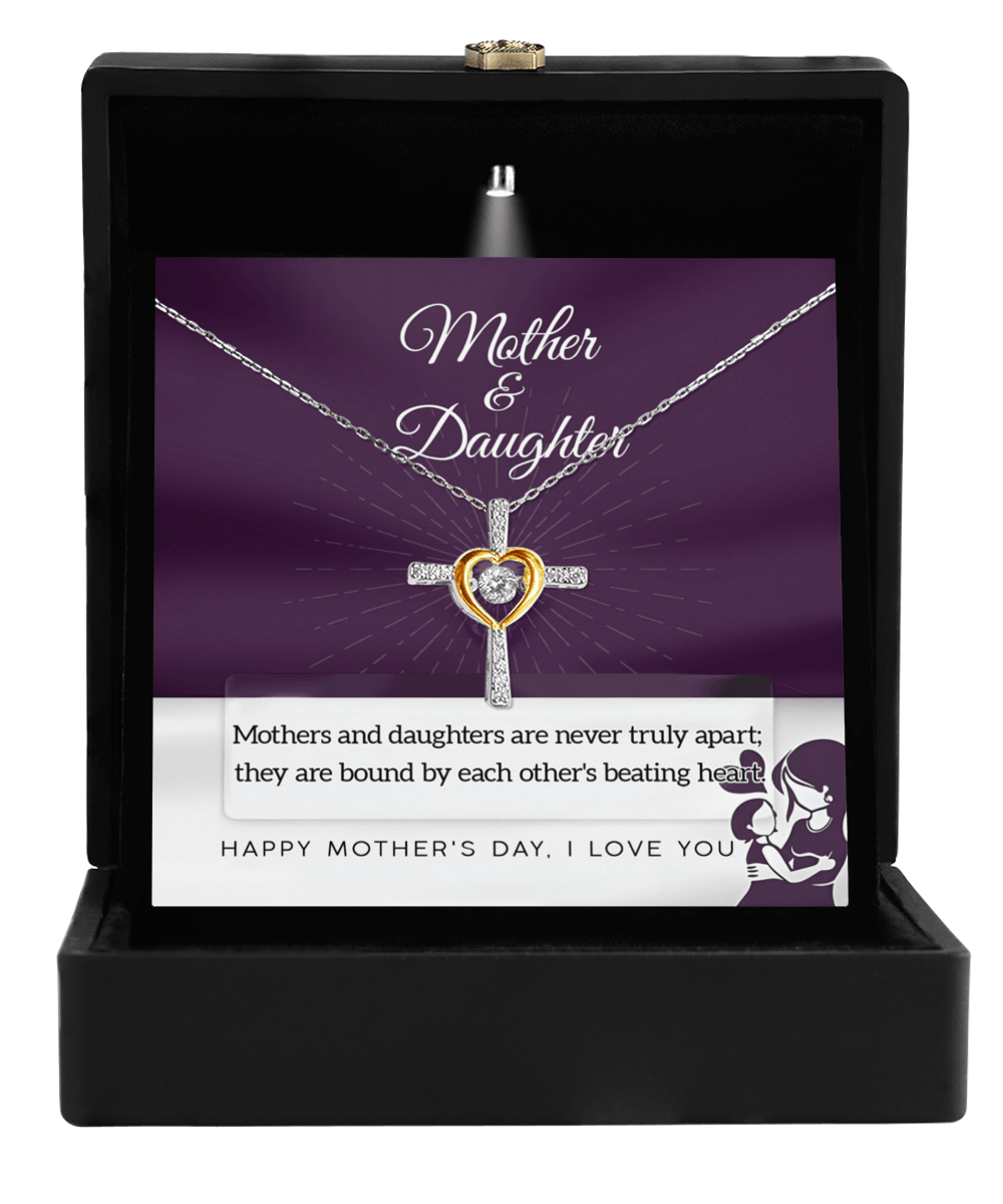 Mother Jewelry Gift - Mother and Daughter Bound by Heart Cross Pendant Necklace