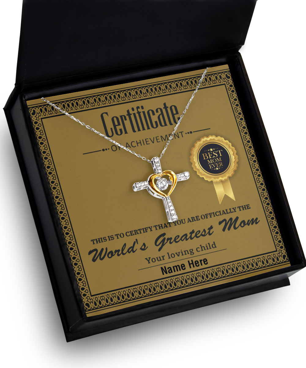 World's Greatest Mom Personalized Certificate of Achievement Cross Pendant Necklace